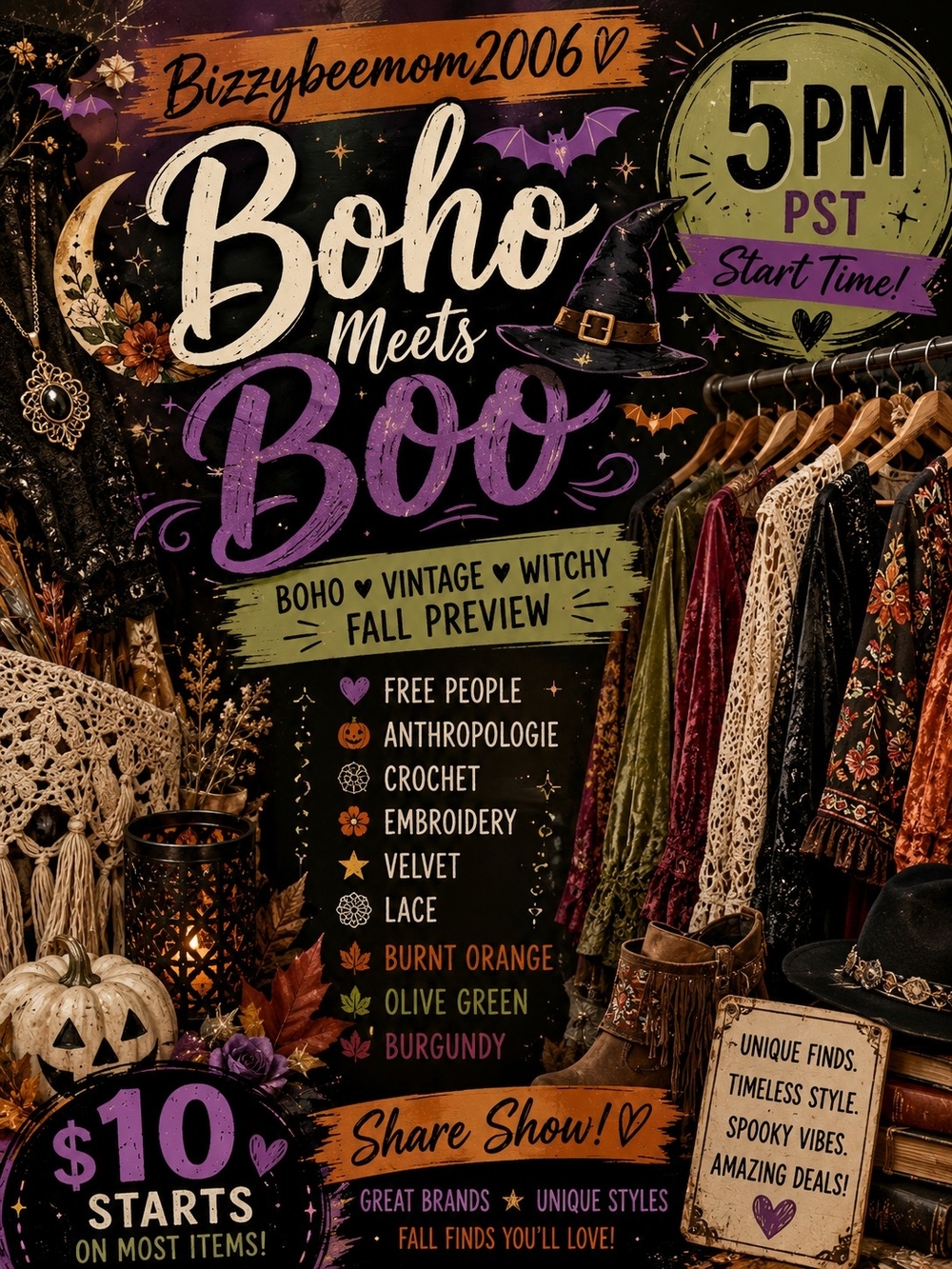 🍂 BOHO MEETS BOO 🎃🖤Join Bizzybeemom2006 Tuesday at 5:00 PM PST